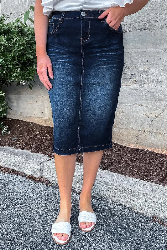 Acid - wash denim skirts for a vintage touchEmily Dk. Indigo Denim Skirt