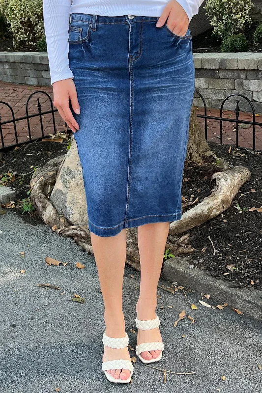 Denim skirts with crop tops for a trendy styleEmily Indigo Denim Skirt
