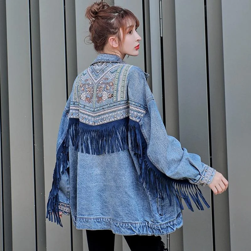Long - Sleeve Denim Top for Cold Weather LayeringFloral Embroidered Fringed Denim Jacket Long - Sleeve Denim Top for Cold Weather LayeringFloral Embroidered Fringed Denim Jacket