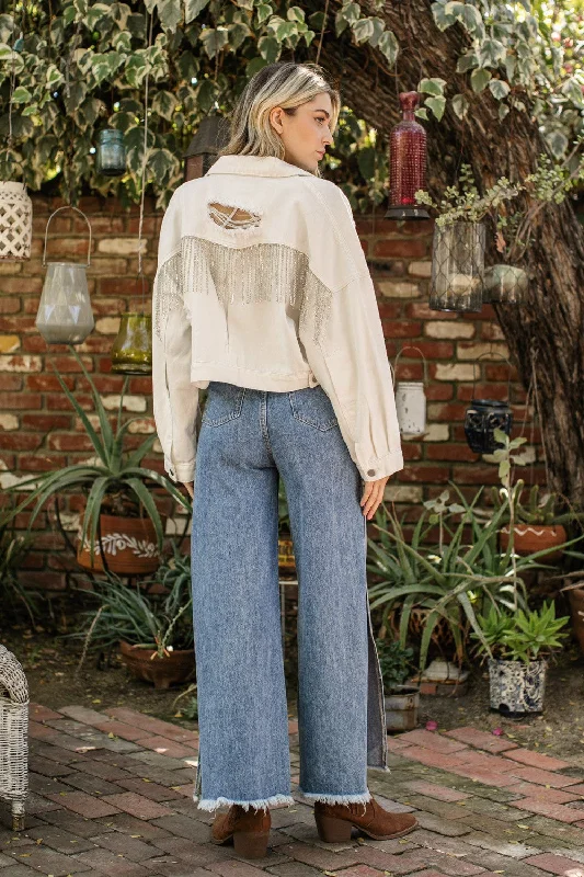 Studded Denim Top for a Glamorous and Bold StyleFringe Denim Jacket in charcoal or white Studded Denim Top for a Glamorous and Bold StyleFringe Denim Jacket in charcoal or white