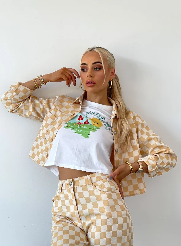Cropped Denim Top to Pair with High - Waisted BottomsIn Check Denim Jacket Beige