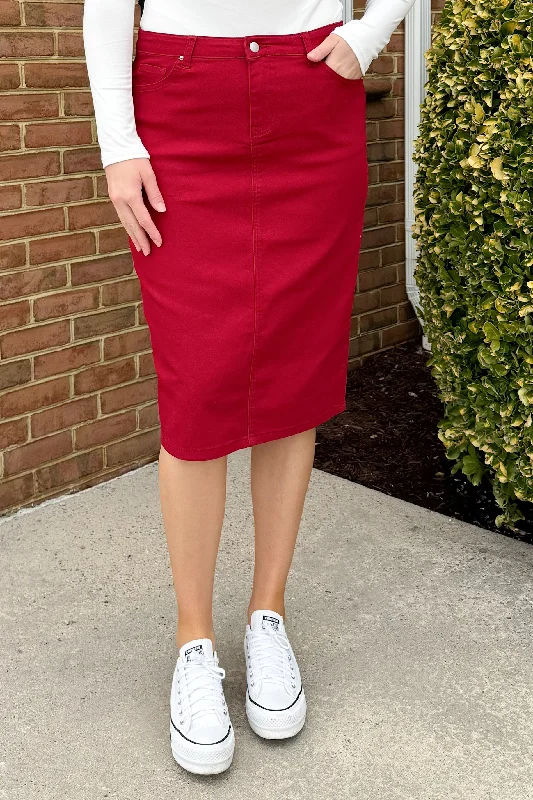 Denim skirts for date nights with a romantic feelJDA Red Denim Skirt