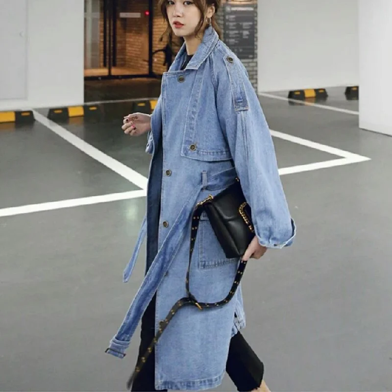 Fringed Denim Top with a Bohemian FlairLong Oversized Denim Trench Coat