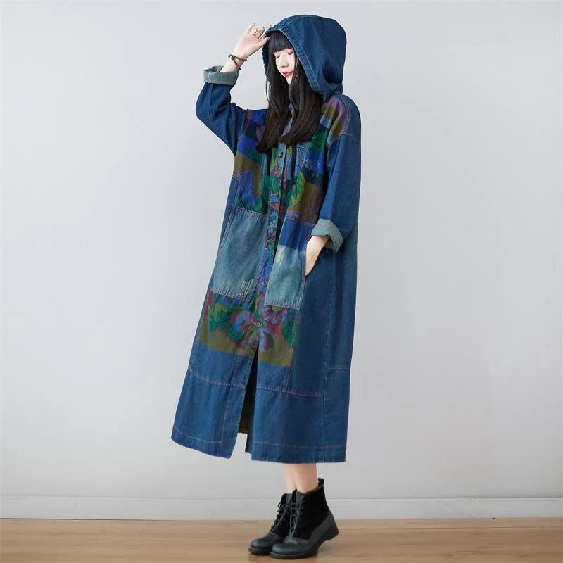 Fringed Denim Top with a Bohemian FlairMai Denim Hooded Long Coat