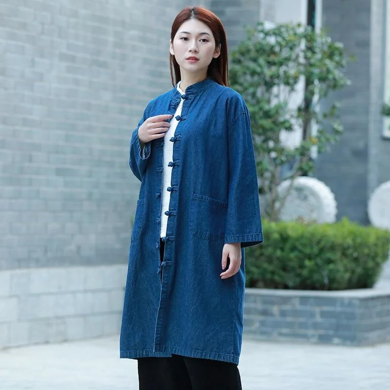 Fringed Denim Top with a Bohemian FlairMandarin Collar Zen Denim Cardigan  | Zen