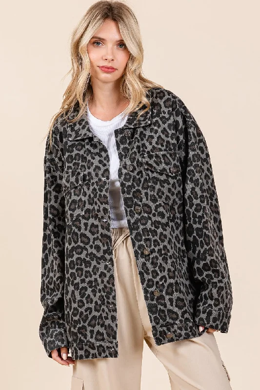 Long - Sleeve Denim Top for Cold Weather LayeringMittoshop Leopard Button Up Denim Shacket with Breast Pockets Long - Sleeve Denim Top for Cold Weather LayeringMittoshop Leopard Button Up Denim Shacket with Breast Pockets