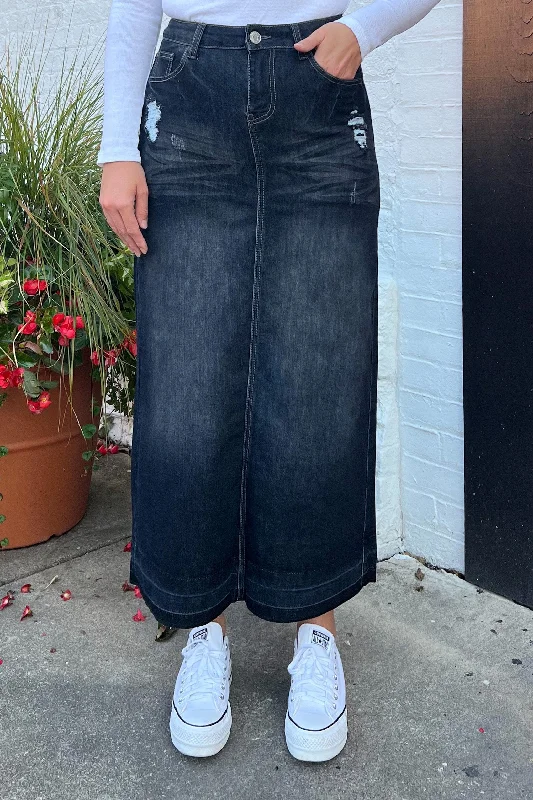 Denim skirts with sweaters for a cozy fall lookNevaeh Black Wash Denim Skirt