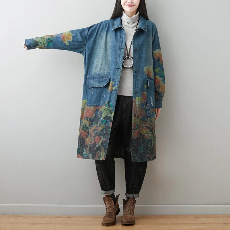 Denim Top with a Belted Waist for a Defined SilhouetteOversized Floral Denim Coat
