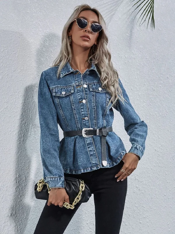 Long - Sleeve Denim Top for Cold Weather LayeringPeplum Collared Neck Long Sleeve Denim Top Long - Sleeve Denim Top for Cold Weather LayeringPeplum Collared Neck Long Sleeve Denim Top