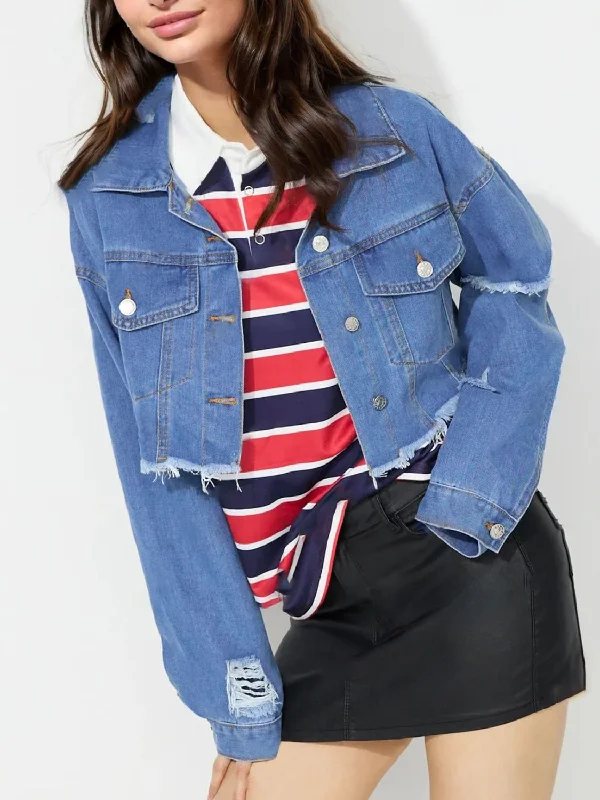 Long - Sleeve Denim Top for Cold Weather LayeringRaw Hem Collared Neck Cropped Denim Top Long - Sleeve Denim Top for Cold Weather LayeringRaw Hem Collared Neck Cropped Denim Top