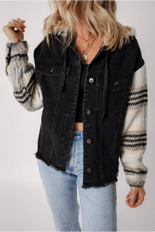 Denim Top with a Metallic Accent for a Shiny LookRaw Hem Drawstring Hooded Denim Jacket Denim Top with a Metallic Accent for a Shiny LookRaw Hem Drawstring Hooded Denim Jacket