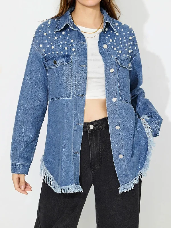 Denim Top for a Beachside Picnic with a Laid - Back StyleRaw Hem Pearl Trim Collared Neck Denim Top Denim Top for a Beachside Picnic with a Laid - Back StyleRaw Hem Pearl Trim Collared Neck Denim Top