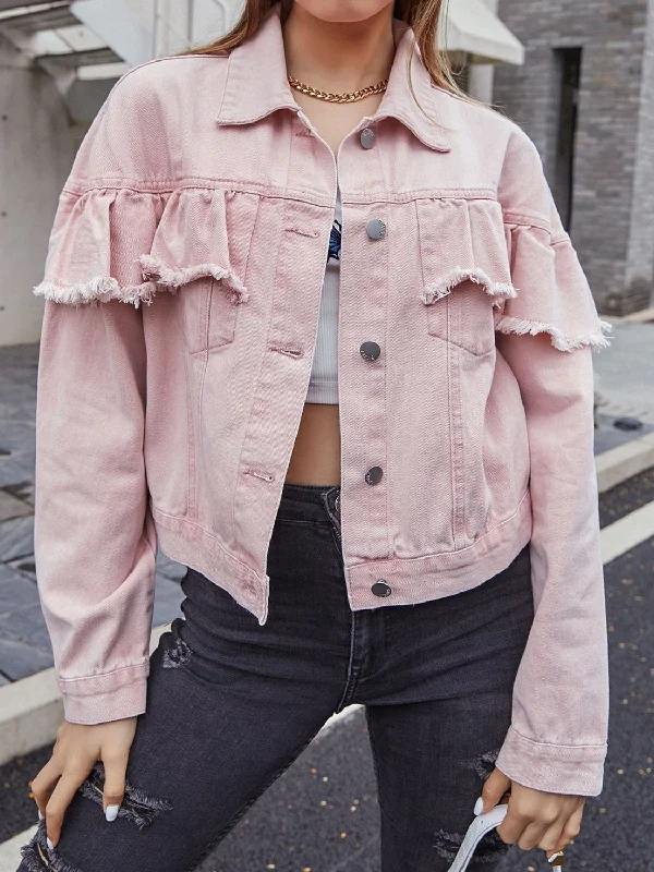 Denim Top with a Belted Waist for a Defined SilhouetteRuffled Collared Neck Long Sleeve Denim Top Denim Top with a Belted Waist for a Defined SilhouetteRuffled Collared Neck Long Sleeve Denim Top
