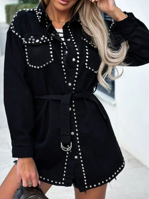 Denim Top with a Collared Neckline for a Preppy StyleStudded Snap Down Long Sleeve Denim Shacket Denim Top with a Collared Neckline for a Preppy StyleStudded Snap Down Long Sleeve Denim Shacket