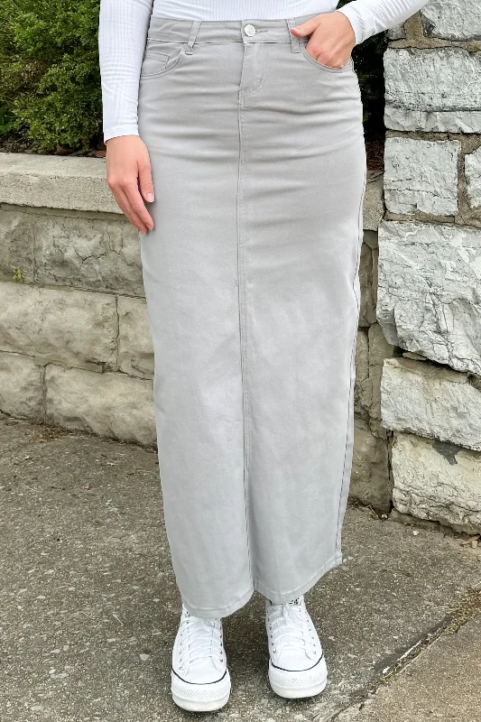 Zip - up denim skirts for easy wearTaylee Denim Maxi Skirt in Gray