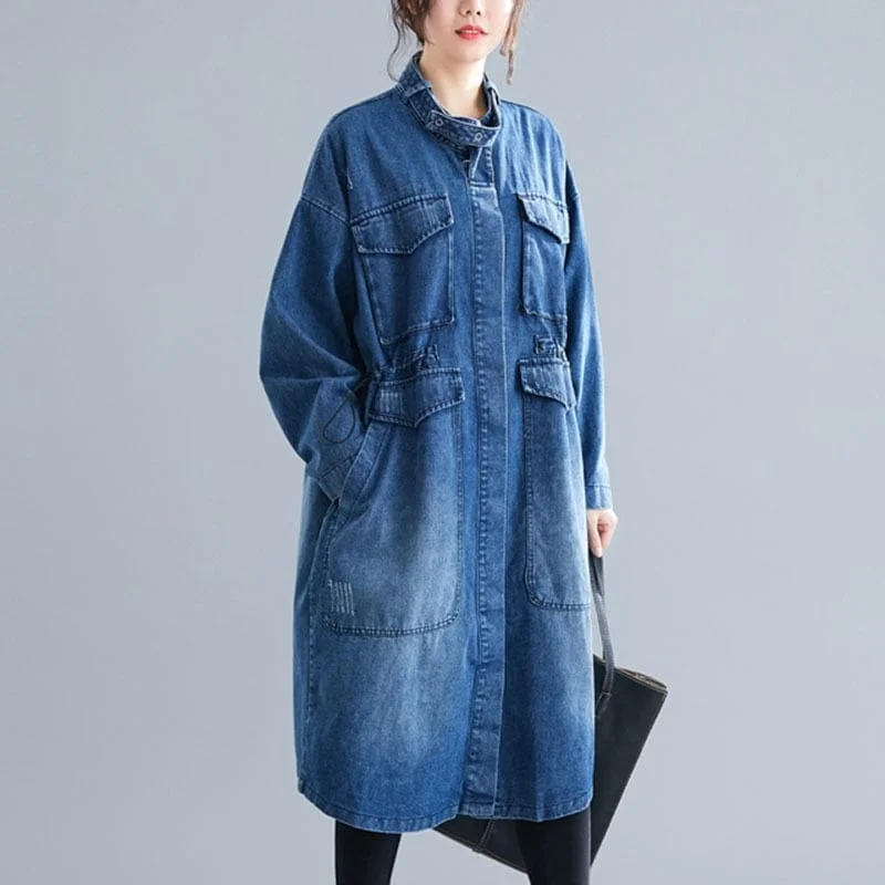 Cropped Denim Top to Pair with High - Waisted BottomsVintage Knee Length Denim Coat