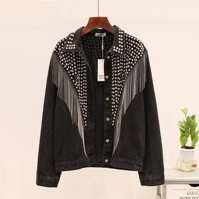 Denim Top for a Beachside Picnic with a Laid - Back StyleVintage Studded Tassel Denim Jacket Denim Top for a Beachside Picnic with a Laid - Back StyleVintage Studded Tassel Denim Jacket