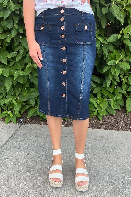 Denim skirts with sandals for a summer - ready outfitZoey Button Down Denim Skirt in Dk. Indigo