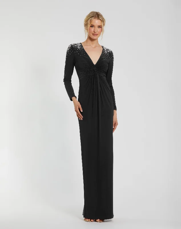 Cotton maxi dresses for a comfortable and everyday - wear optionJersey V Neck Faux Knot Gown With Beaded Shoulders Cotton maxi dresses for a comfortable and everyday - wear optionJersey V Neck Faux Knot Gown With Beaded Shoulders