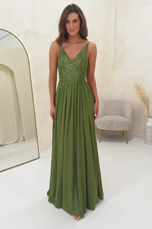 Maxi dresses with a criss - cross back for a flirty and unique detailAriel Embellished Maxi Gown | Green Maxi dresses with a criss - cross back for a flirty and unique detailAriel Embellished Maxi Gown | Green