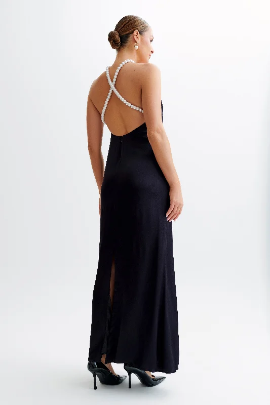 Maxi dresses with cut - out details on the sides for a modern edgeBlanche Satin Pearl Halter Maxi Dress - Black Maxi dresses with cut - out details on the sides for a modern edgeBlanche Satin Pearl Halter Maxi Dress - Black