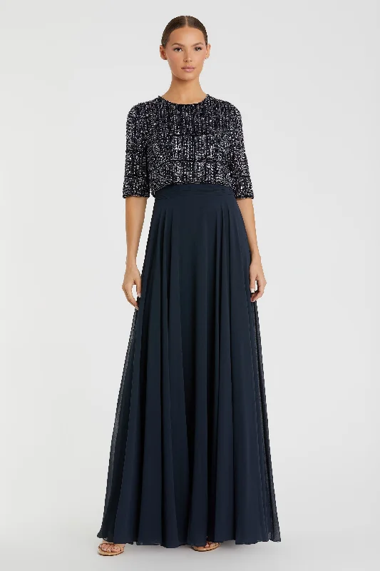 Maxi dresses with a button - down front for a classic lookChiffon Gown w/ Fully Beaded 3/4 Sleeve Top Maxi dresses with a button - down front for a classic lookChiffon Gown w/ Fully Beaded 3/4 Sleeve Top