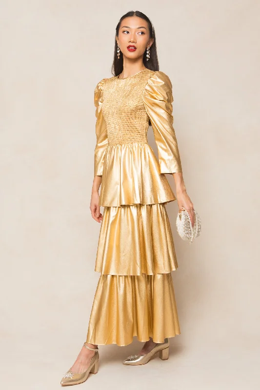 Sheer maxi dresses with lace overlays for a romantic touchCirce Dress in Metallic Gold Sheer maxi dresses with lace overlays for a romantic touchCirce Dress in Metallic Gold