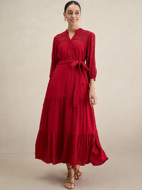 Maxi dresses with a halter neck for a stylish and sophisticated choiceCranberry Schiffli Tiered Maxi Dress