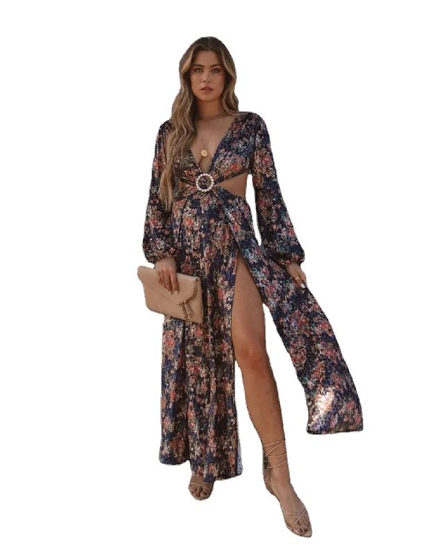 Maxi dresses with an asymmetric hem for a fashion - forward and eye - catching designD0410TA56 Vacation Style Sexy V-neck Floral Print Slit Maxi Dress Women Sehe Fashion
