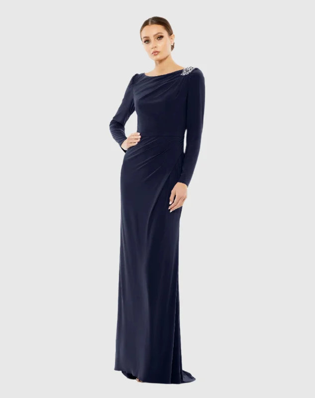 Satin maxi dresses with a high - low hem for a modern twistDraped Bateau Long Sleeve Trumpet Gown Satin maxi dresses with a high - low hem for a modern twistDraped Bateau Long Sleeve Trumpet Gown