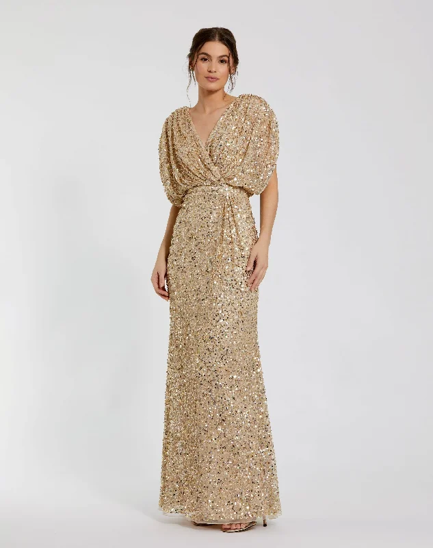 Printed maxi dresses with abstract patterns for an artistic lookDraped Sleeve V Neck Gown