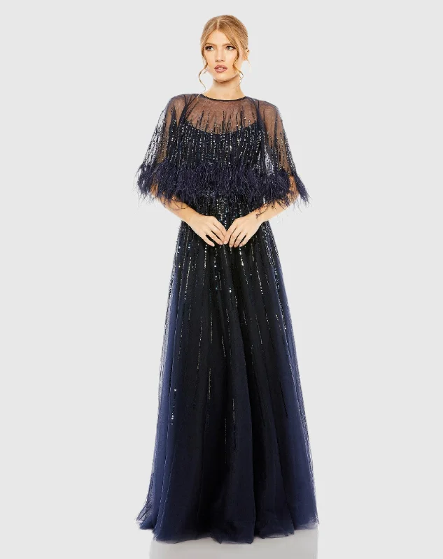 Maxi dresses with an asymmetric hem for a fashion - forward and eye - catching designEmbellished A Line Dress with Feather Detail Cape Maxi dresses with an asymmetric hem for a fashion - forward and eye - catching designEmbellished A Line Dress with Feather Detail Cape