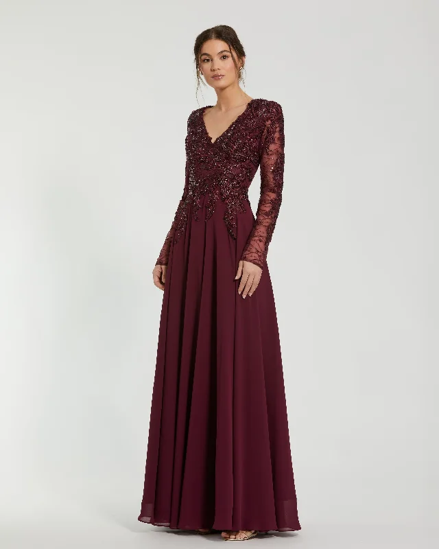 Maxi dresses with beaded embellishments for a fancy and luxurious eventEmbellished Illusion V Neck Long Sleeve Gown Maxi dresses with beaded embellishments for a fancy and luxurious eventEmbellished Illusion V Neck Long Sleeve Gown