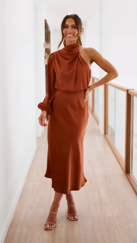 Leather maxi dresses for an edgy and bold appearanceEsther One Shoulder Long Sleeve Dress - Copper Leather maxi dresses for an edgy and bold appearanceEsther One Shoulder Long Sleeve Dress - Copper