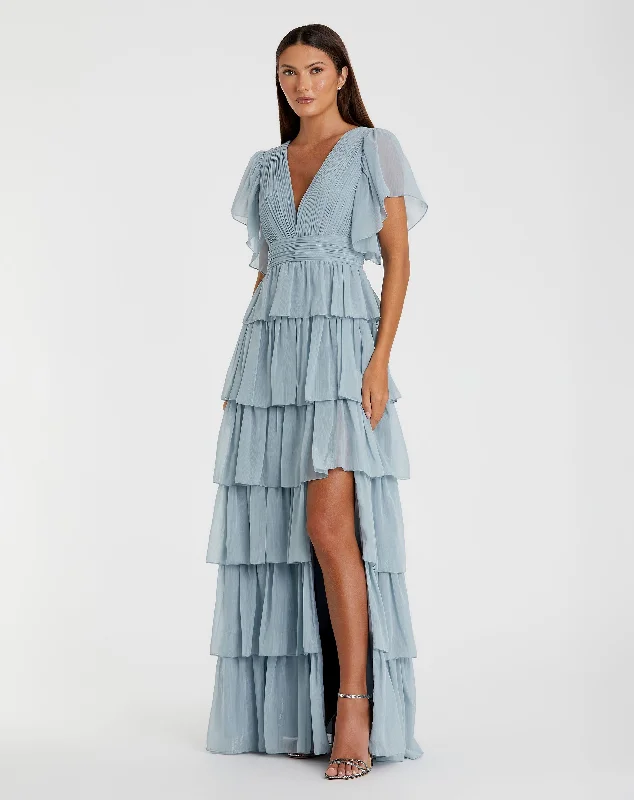Metallic maxi dresses for a glamorous New Year's Eve partyFlutter Sleeve Ruffle Tiered Gown Metallic maxi dresses for a glamorous New Year's Eve partyFlutter Sleeve Ruffle Tiered Gown