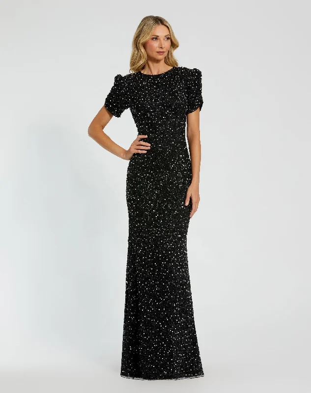 Ruffled maxi dresses with a tiered skirt for added volumeGathered Short Sleeve Beaded Gown Ruffled maxi dresses with a tiered skirt for added volumeGathered Short Sleeve Beaded Gown