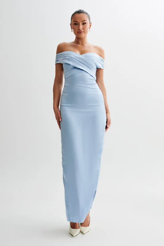 Maxi dresses with ribbed textures for a unique and tactile lookHarley Off Shoulder Satin Maxi Dress - Cornflower Blue