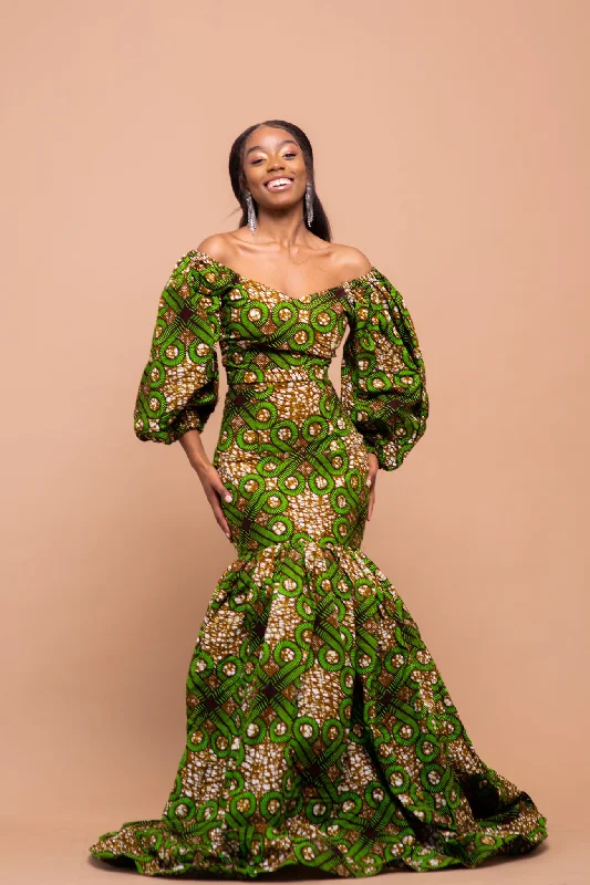 Maxi dresses with off - the - shoulder styles for a romantic and breezy lookHauwa Ankara Maxi Dress | Green and Brown African Print Maxi dresses with off - the - shoulder styles for a romantic and breezy lookHauwa Ankara Maxi Dress | Green and Brown African Print