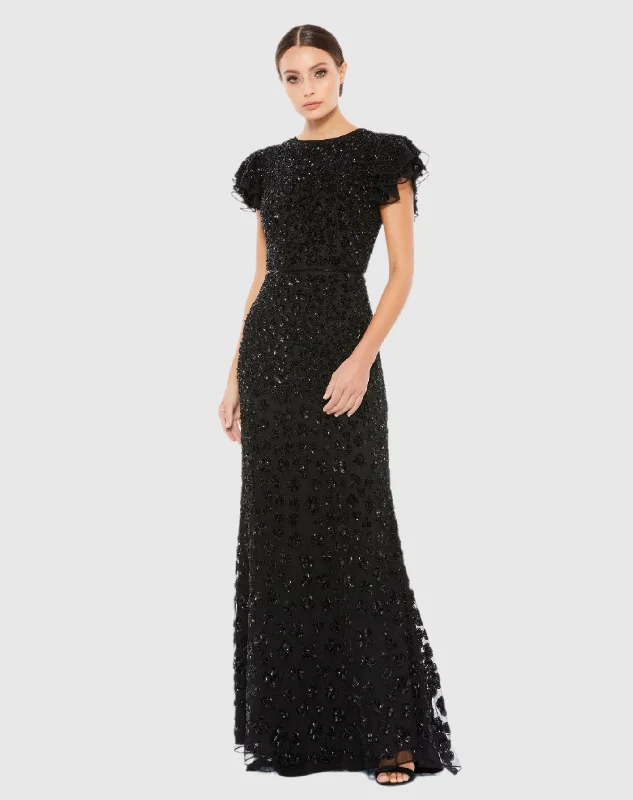 Maxi dresses with pom - pom trims for a playful and festive lookHigh Neck Flutter Cap Sleeve Gown Maxi dresses with pom - pom trims for a playful and festive lookHigh Neck Flutter Cap Sleeve Gown