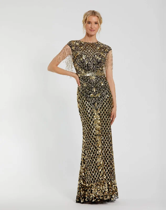 Maxi dresses with a button - down front for a classic lookHigh Neck Sleeveless Beaded Fringe Fitted Gown Maxi dresses with a button - down front for a classic lookHigh Neck Sleeveless Beaded Fringe Fitted Gown