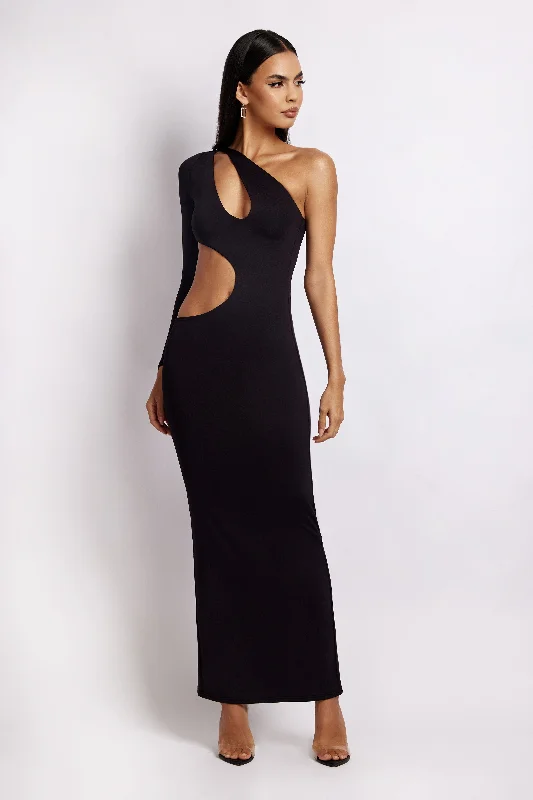 Maxi dresses with fringe trim for a bohemian vibeJoyce One Shoulder Cut Out Maxi Dress - Black Maxi dresses with fringe trim for a bohemian vibeJoyce One Shoulder Cut Out Maxi Dress - Black