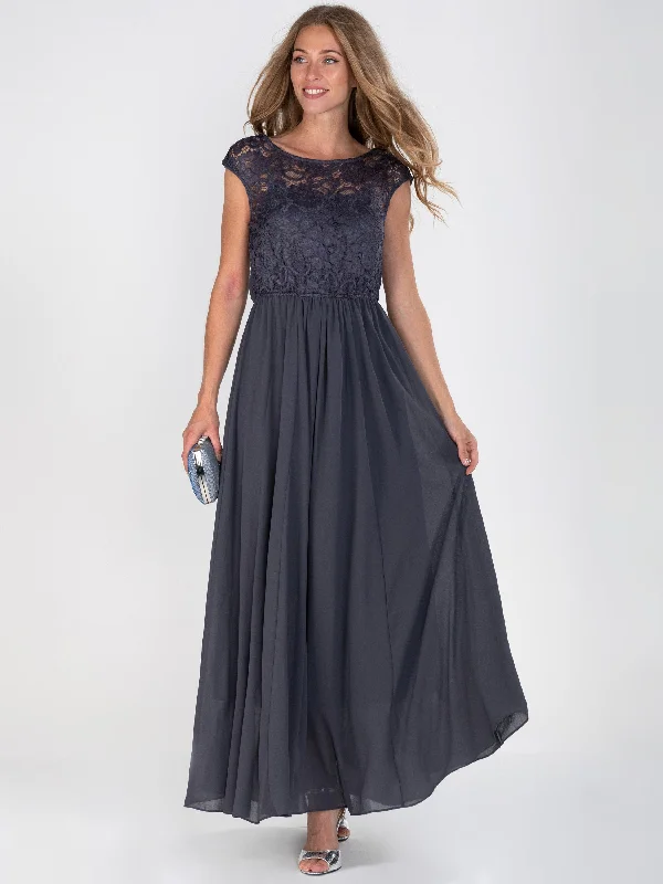 Sheer maxi dresses with lace overlays for a romantic touchLace Bodice Chiffon Maxi Bridesmaid Dress, Dark Grey Sheer maxi dresses with lace overlays for a romantic touchLace Bodice Chiffon Maxi Bridesmaid Dress, Dark Grey