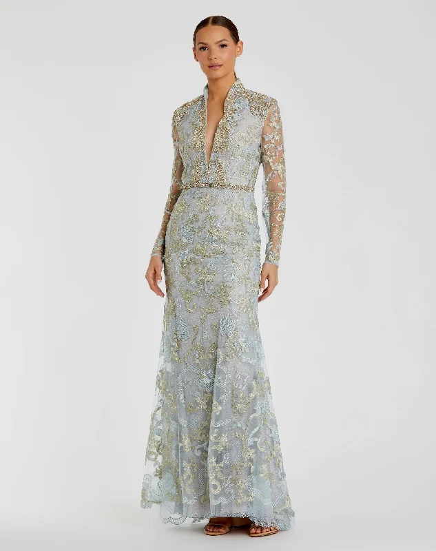 Maxi dresses with a V - neckline for a flattering and elongating shapeLong Sleeve Applique V-Neck Gown Maxi dresses with a V - neckline for a flattering and elongating shapeLong Sleeve Applique V-Neck Gown