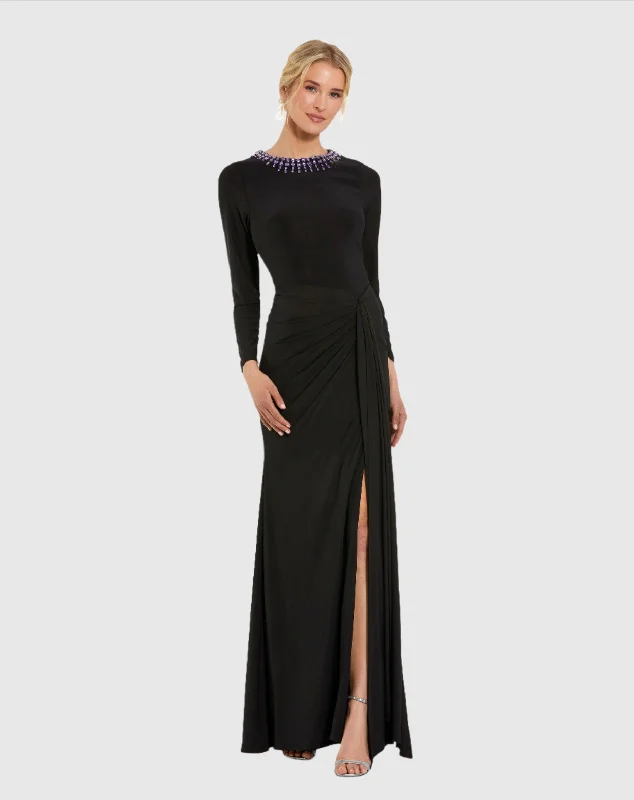 Denim maxi dresses with frayed hems for a casual lookLong Sleeve Jersey Ruched Gown With Beaded Neck Denim maxi dresses with frayed hems for a casual lookLong Sleeve Jersey Ruched Gown With Beaded Neck