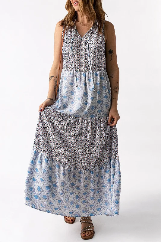 Maxi dresses with beaded embellishments for a fancy and luxurious eventMixed Print Tie-Neck Sleeveless Maxi Dress