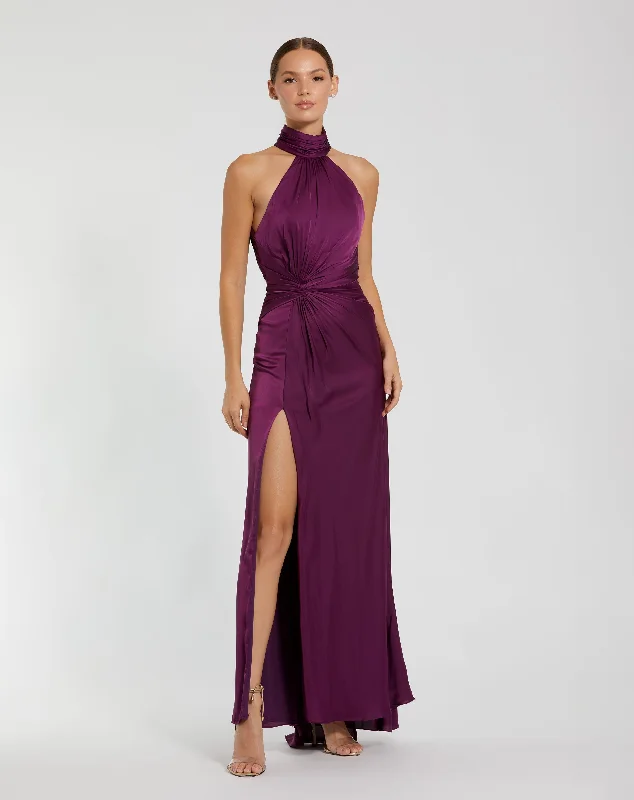 Maxi dresses with embroidered floral motifs for a unique designOpen Back High Neck Side Ruched Gown Maxi dresses with embroidered floral motifs for a unique designOpen Back High Neck Side Ruched Gown