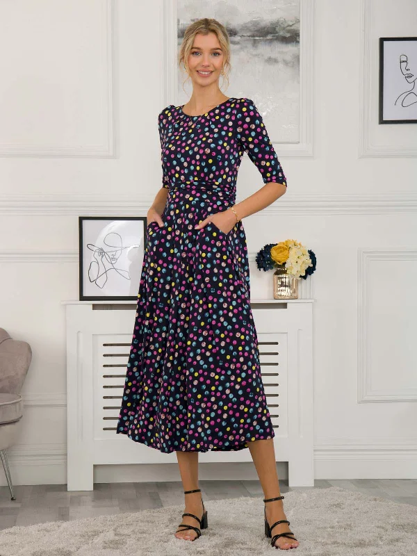 Maxi dresses with a wrap - around style for a customizable fitPauline Sleeved Maxi Dress, Navy Spot Maxi dresses with a wrap - around style for a customizable fitPauline Sleeved Maxi Dress, Navy Spot
