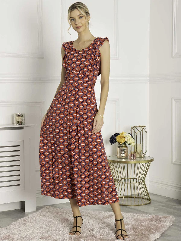Maxi dresses with side slits for a touch of allurePia Frill Shoulder Dress, Red Birds
