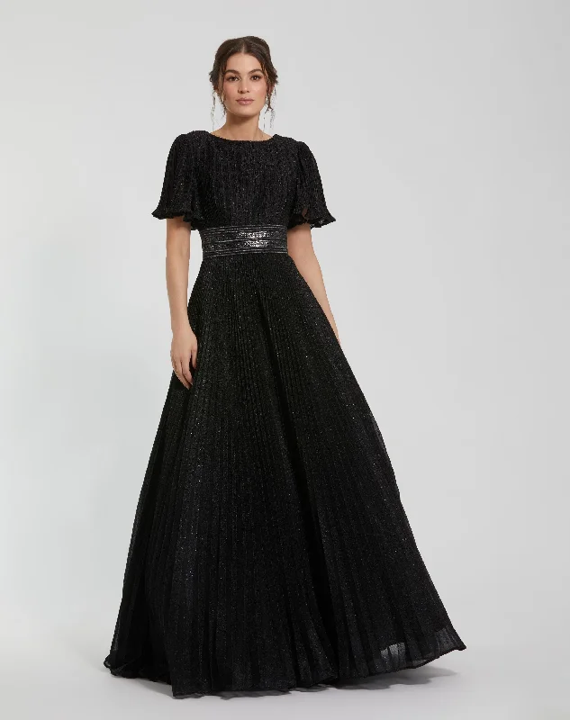 Maxi dresses with balloon sleeves for a vintage - inspired stylePleated Shimmering Georgette Flutter Sleeve Gown Maxi dresses with balloon sleeves for a vintage - inspired stylePleated Shimmering Georgette Flutter Sleeve Gown
