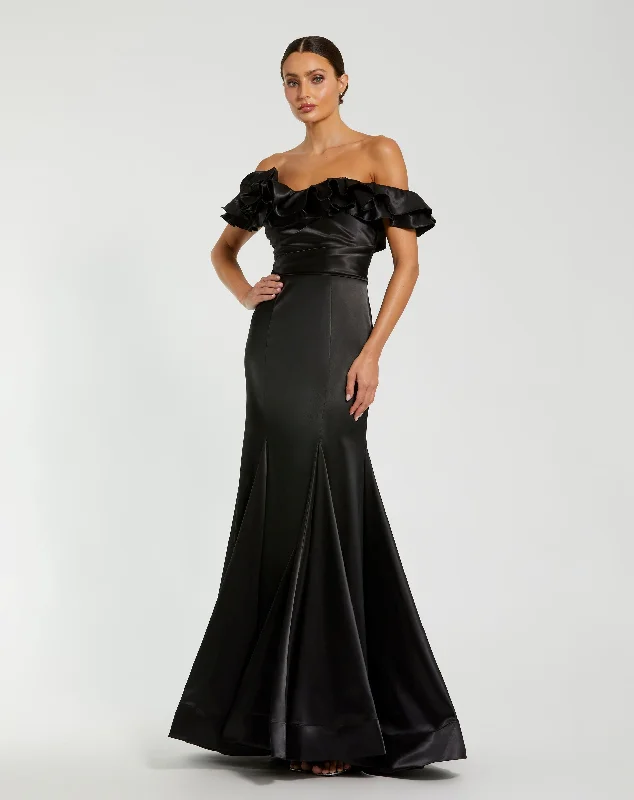 Maxi dresses with bow accents at the waist for a sweet appearanceSatin Ruffle Off the Shoulder Mermaid Gown Maxi dresses with bow accents at the waist for a sweet appearanceSatin Ruffle Off the Shoulder Mermaid Gown